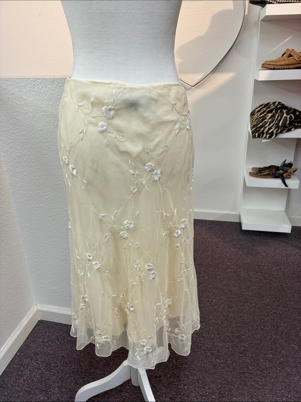 Ralph Lauren Purple Label Cream Silk Skirt Floral Embroidery Sheer Overlay 4 - Picture 4 of 9